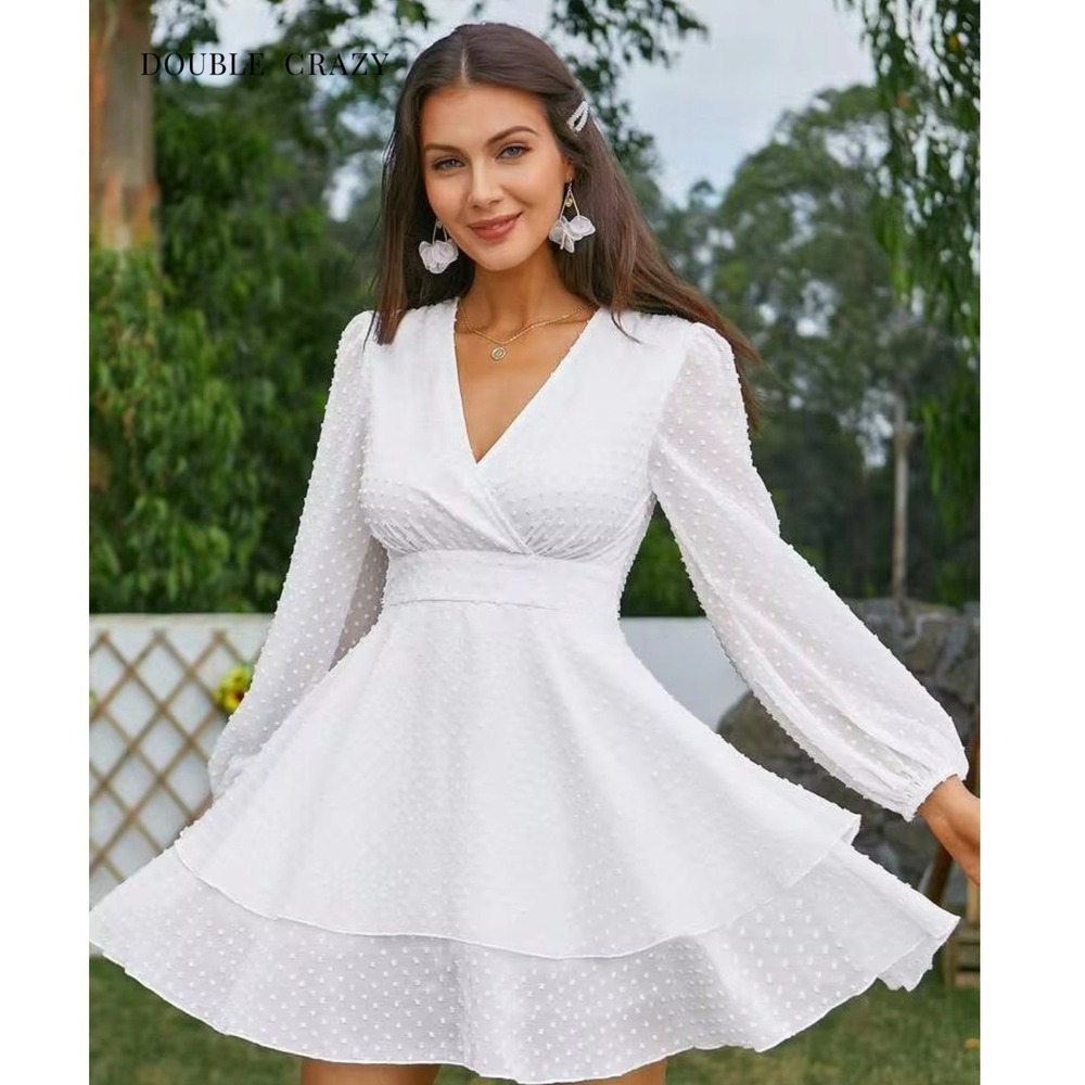2/$30Double Crazy Dress M White Surplice Neck Lantern Sleeve Layered Swiss Dot